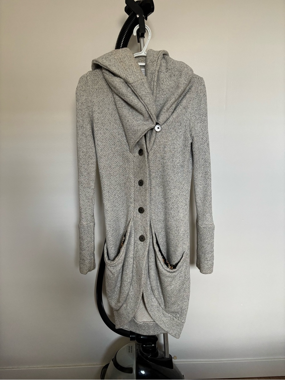 Gray Hooded Button-Front Long Cardigan Sweater